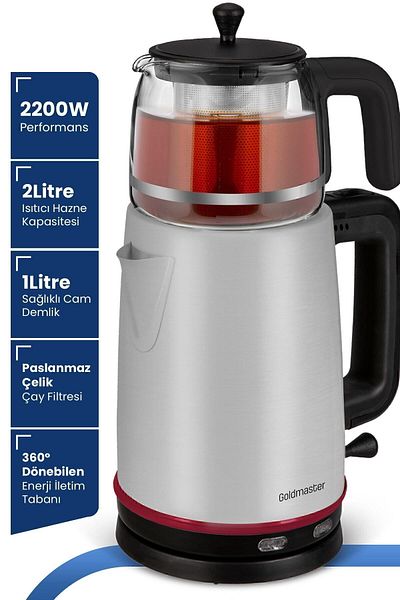 GOLDMASTER Dem Inox 2200 Watt Xl Glass Steel Tea Maker and Kettle with Stainless Teapot