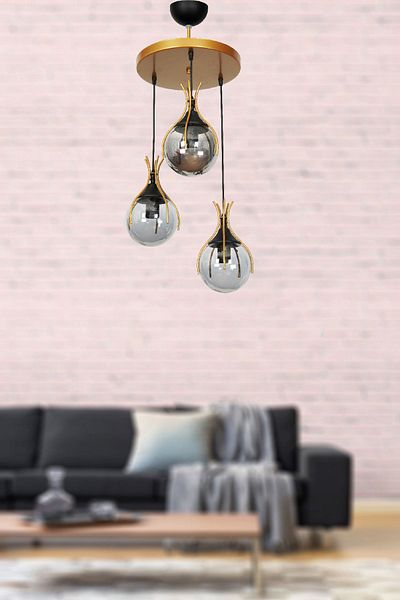 VENON Lighting Azur 3-Piece Pendant Lamp - Gold Black, Smoked Glop Glass Chandelier