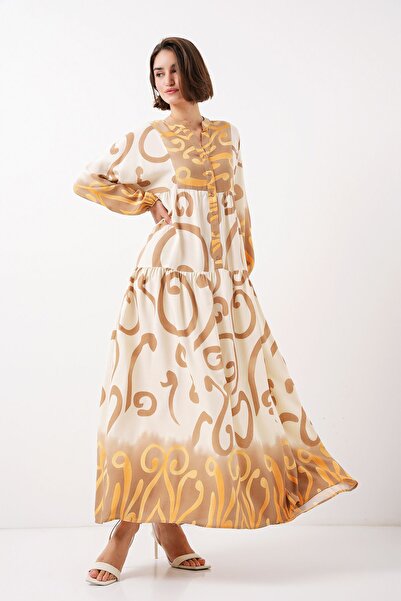 Bigdart 2423 Model Authentic Patterned Light Yellow Dress