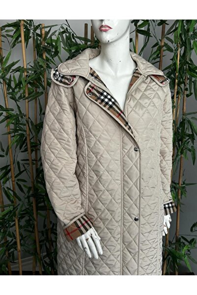 VETRE Women's Large Size Plaid 120 Cm Seasonal Light Beige Quilted Coat 1042
