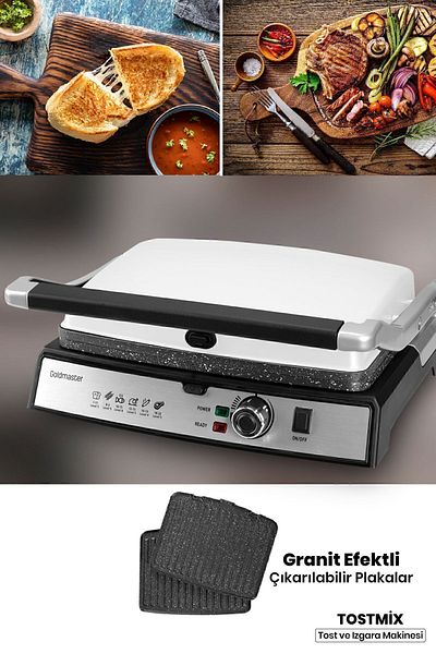 GOLDMASTER Tostmix Milk White Stainless Steel 2000 Watt Granite Removable Plate Toaster and Grill Machine