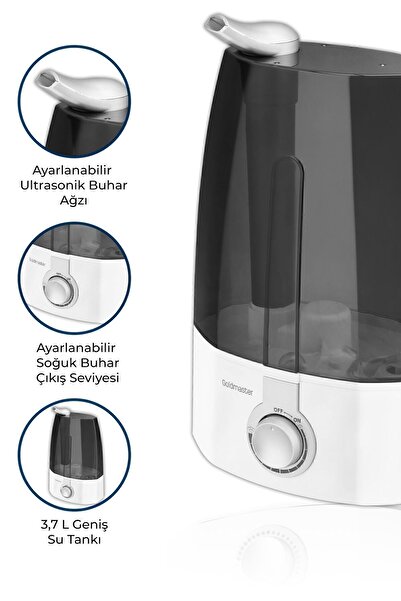 GOLDMASTER Nemo Beyaz Ultrasonik Sessiz 3,7l Su Tankı 12 Saat Kesintisiz Buhar Veren Hava Nemlendirme Cihazı