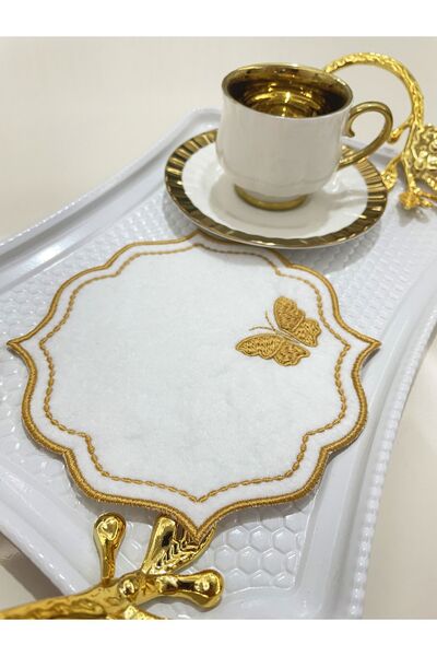 AYNAKIŞÇEYİZ 6 τεμάχια με μοτίβο πεταλούδας Κέντημα με τσόχα Παρουσίαση σε καφέ