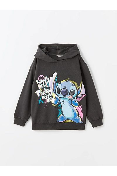 LC Waikiki LCW Kids - Lilo and Stitch Printed Hooded Long Sleeve Girls Sweatshirt