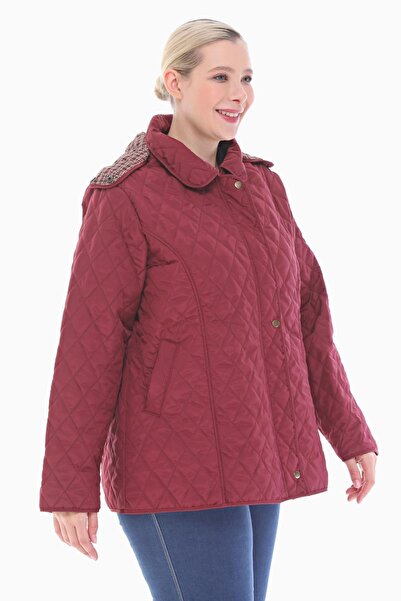 VETRE Women's Large Size Plaid 75 Cm Seasonal Claret Red Quilted Coat 1024