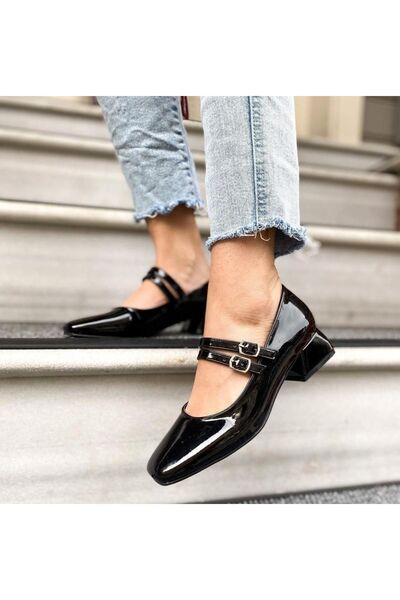 ecru shoes حذاء ماري جين جلد أسود لامع - مقدمة مربعة وشاح مزدوج وكعب منخفض (3...