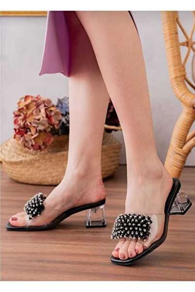 Bilalim Shoes AYL-01 incili taşli şeffaf topuklu 5 cm kadın terlik şık ve rahat