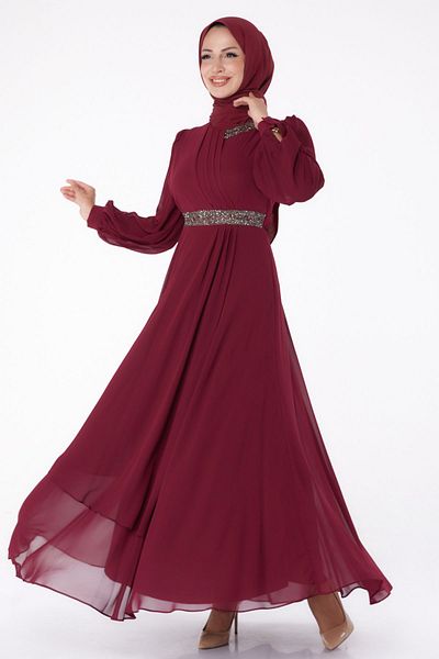 TOFİSA Burgundy Jewelled Straight High Collar Chiffon Women's Dress - 26255