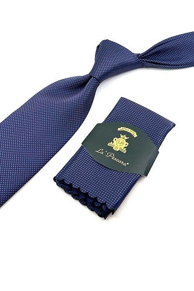 Kravatkolik Blue - Beige Sand Pattern Classic Tie with Handkerchief KK12403