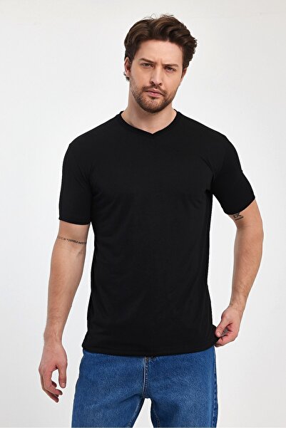 THE RULE Men's Black V-Neck Slim Fit Slim Fit Soft Textured Modal T-shirt