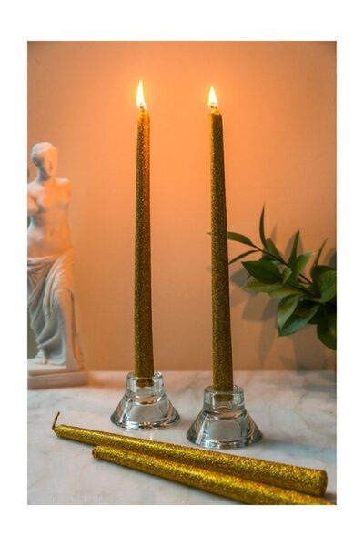 Arma House Büyük Boy Altın Simli 4'lü Şamdan Mumu 30 Cm