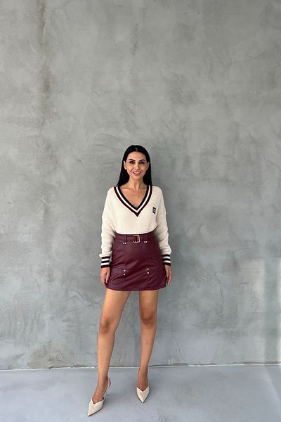 Seda Yalçın Atelier Leather Skirt - Claret Red, Belted and Hidden Pocket Detail