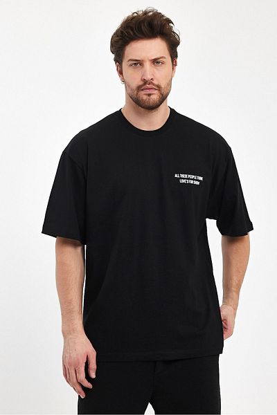 THE RULE Ανδρικό μπλουζάκι Love's For Show με στάμπα Oversize 100% βαμβακερό φαρδύ φαρδύ κομμένο λαιμόκοψη φαρδύ μαύρο μπλουζάκι