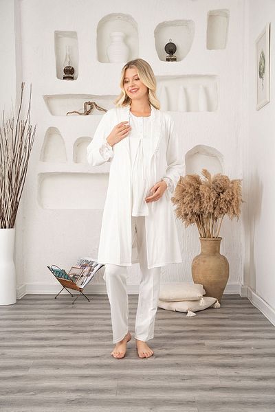LOHOUSE Ecru Color Stylish Maternity Pajamas and Dressing Gown Set - Set of 3