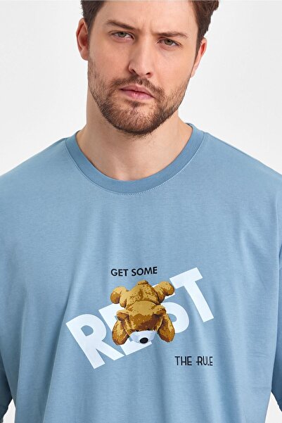 THE RULE Ανδρικό Teddy Bear με στάμπα Oversize 100% βαμβακερό φαρδύ φαρδύ λαιμόκοψη με απαλή υφή μπλε μπλουζάκι