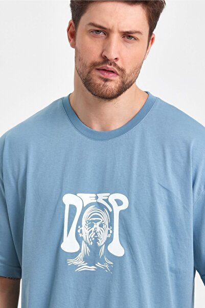 THE RULE Ανδρικό μπλουζάκι με στάμπα με βαθύ ανάγλυφο, 100% βαμβακερό φαρδύ φαρδύ κομμένο λαιμόκοψη, χαλαρό μπλε μπλουζάκι