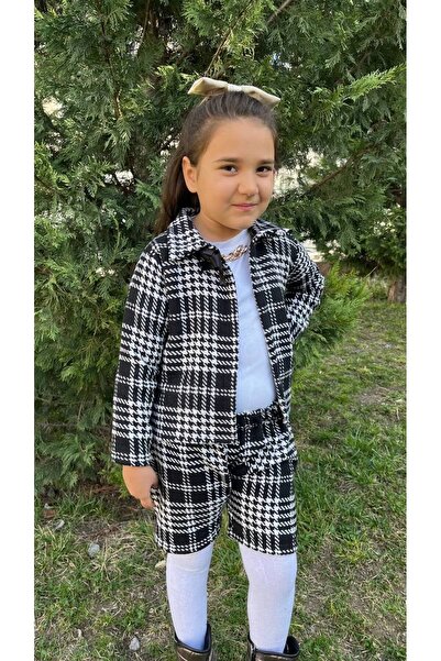 AKİF GİYİM Kız Çocuk Siyah Beyaz Kazayağı Desenli Uzun Kollu Alt Üst Etek Ceket Takım