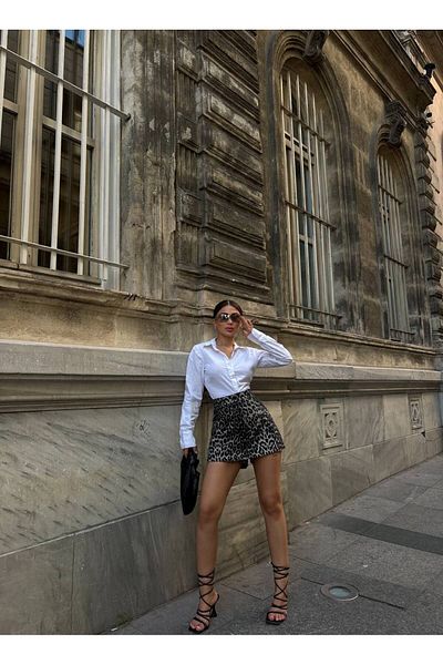 LB Laluna Butik Fustă Pantaloni Scurt damă Talie Inalta și Print Leopard - țesătură Denim