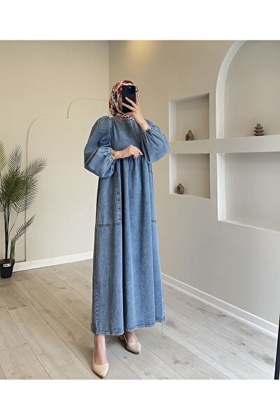Aden aydın Kol Büzgülü Salaş Rahat Kesim Mavi Tesettür Denim Elbise - Kot Elbise