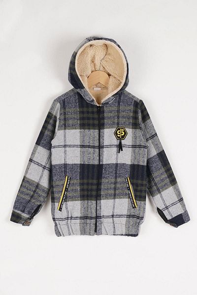 zepkids Hooded Long Sleeve Pocketed Life Of The Future Strong Text Embroidered Zipper Detailed Lumberjack Shirt Khaki gr