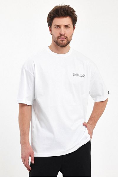 THE RULE Ανδρικό μπλουζάκι με στάμπα Simplicity Oversize 100% βαμβακερό φαρδύ φαρδύ λαιμόκοψη φαρδύ λευκό μπλουζάκι