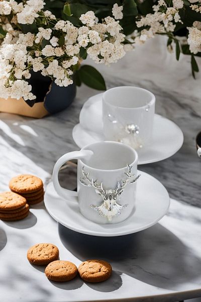 Arma House Set of 2 Silver Deer Motif Luxury Ceramic Coffee Cup & Cup