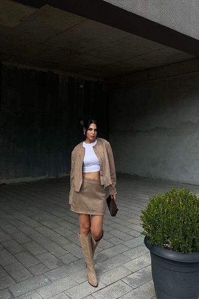 Seda Yalçın Atelier Camel Suede Jacket and Skirt Set - Double Zipper