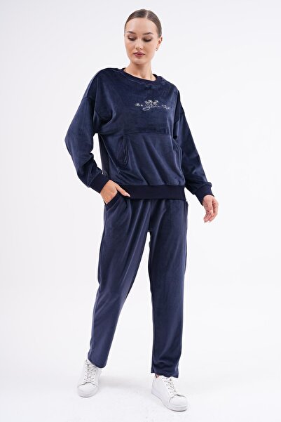 WestBound Navy Blue Soft Velvet Printed Women's Tracksuit Set