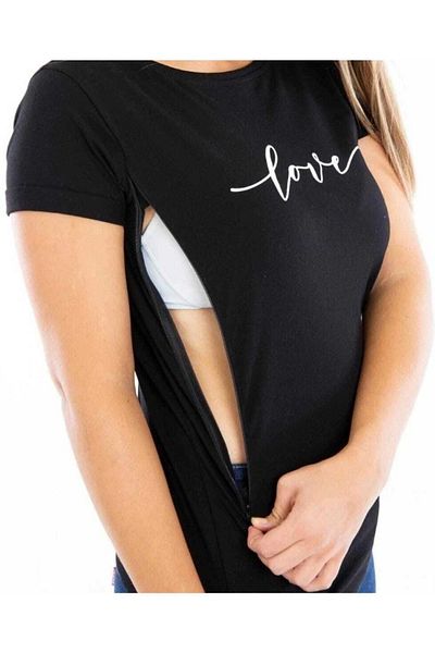 Limitless Tricou confortabil pentru alăptare Tricou din bumbac pieptănat negru cu fermoar ascuns
