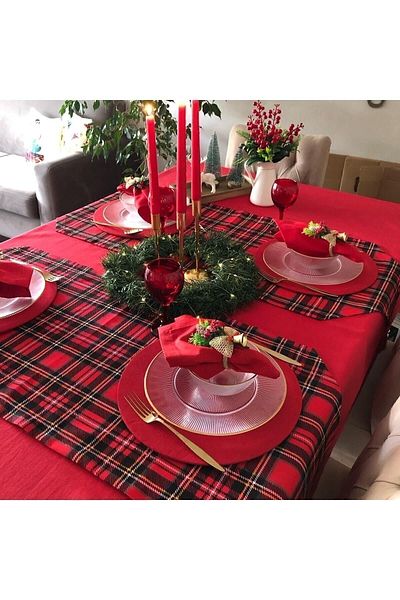 Ayd Home Новогодишен бегач Кариран модел Червен Коледен Новогодишен сервиз за маса Ranır Плат Нова година 43x135 см кариран