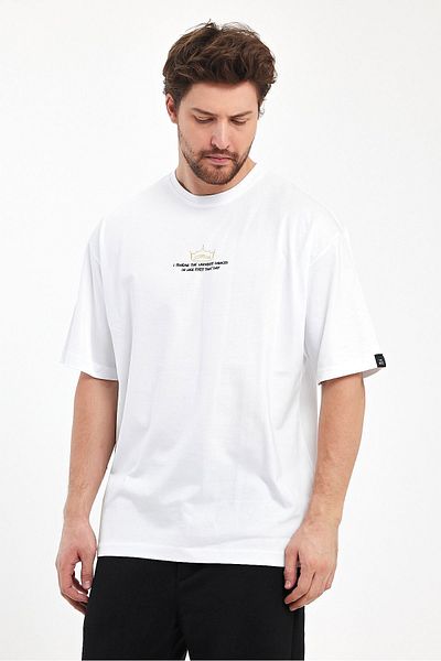 THE RULE Ανδρικό I Swear Printed Oversize 100% βαμβακερό φαρδύ φαρδύ λαιμόκοψη με απαλή υφή λευκό μπλουζάκι