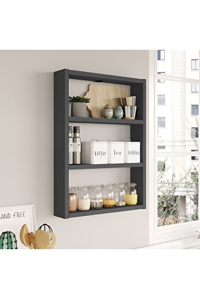 Yurudesign Pera 3'lü Duvar Rafı Mutfak Banyo Rafı Antrasit Pr1-an