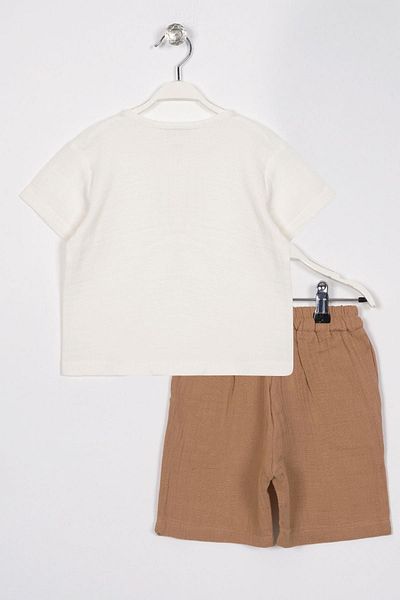 zepkids Ecru Camel Colored Boy's Shorts Set with Buttoned Collar Pocket Detail