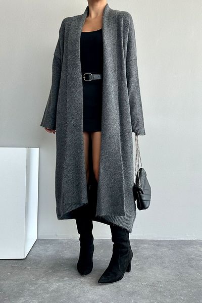 Lupies Women's Dark Gray Shawl Collar Long Knitwear Cardigan