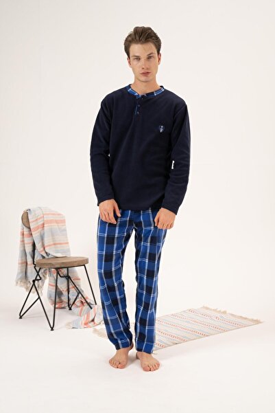 Estiva Erkek Kışlık Düğmeli Yaka Kareli Alt Polar Pijama Takımı