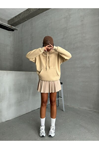 Cappmoda Swt-14270 Mink Hooded Kangaroo Pocket Three Thread Ribbed Sweatshirt