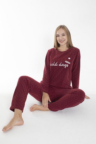 Estiva Claret Red Women's Winter Polka Dot Ribbed Fleece Pajama Set