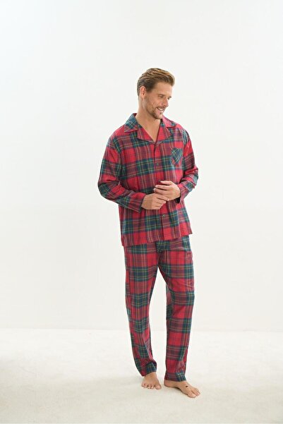 Sevim Erkek Uzun Kol Gömlek Yaka Önden Düğmeli Kırmızı Pijama Takım C1T5N5O9