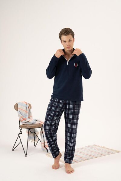 Estiva Erkek Kışlık Fermuarlı Yaka Kareli Alt Polar Pijama Takımı Lacivert