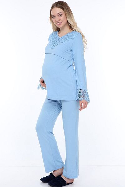 Luvmabelly Myra9511 - Set de pijama de maternitate cu clapă cu nasturi din dantelă - Albastru