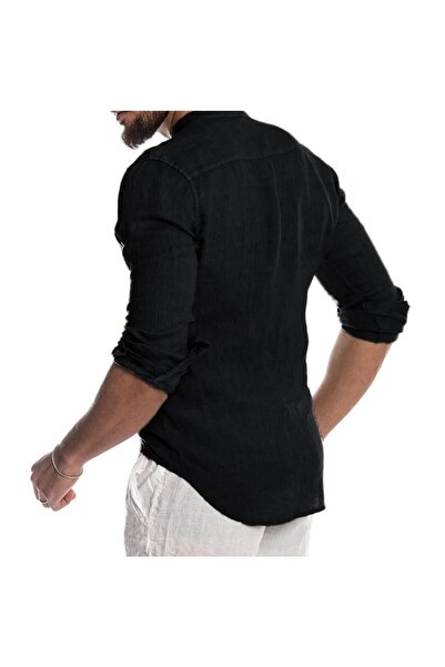 Piola Club Ανδρικό λινό μαύρο πουκάμισο Magnificent γιακά