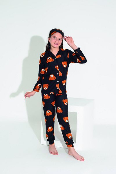 Estiva Black Suede Pajama Set for Girl - Teddy Bear Pattern and Buttoned Front