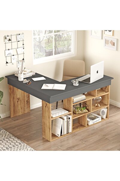 Yurudesign Tywin Kitaplık Raflı Çalışma Masası Çam-antrasit