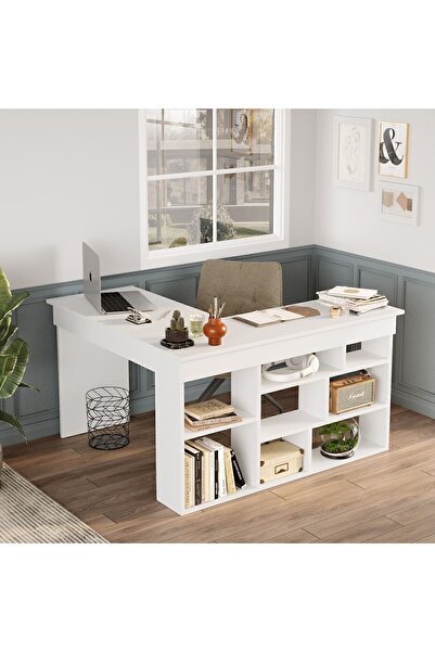 Yurudesign Tywin Kitaplık Raflı Çalışma Masası Beyaz