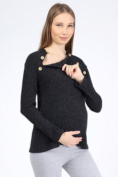 Luvmabelly Myra4260 Πλεκτό μπλούζα εγκυμοσύνης με κουμπιά - Μαύρη