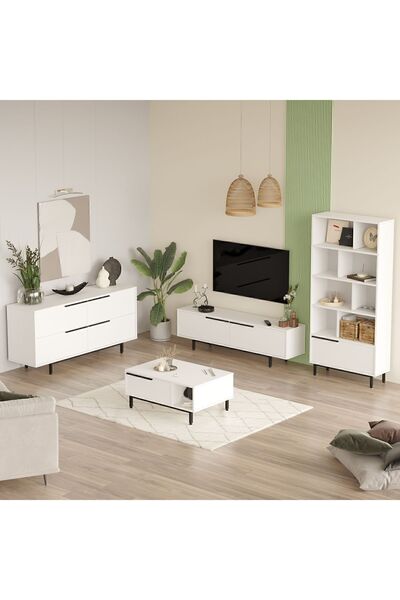 Yurudesign Ocean Tv Ünitesi Orta Sehpa Konsol Kitaplık 4'lü Set Beyaz On21-w