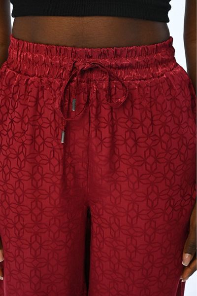 Orfeo Negro Claret Red Patterned Women's Trousers - Elastic Waist, Wide Leg