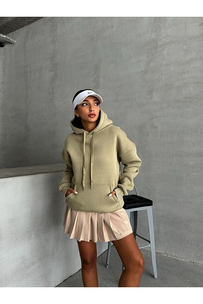 Cappmoda SWT-14270 Φούτερ με κουκούλα χακί καγκουρό με τρεις κλωστές