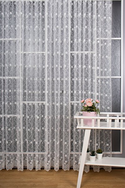 BİDESİNG Bahar Dalı Papatya Nakış İşlemeli Brode Tül Perde (1/2.5 Normal Pile)