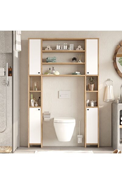 Yurudesign Lumo Çok Amaçlı Tuvalet Banyo Dolabı Kapaklı Raflı Sepet-Beyaz LO1-SW